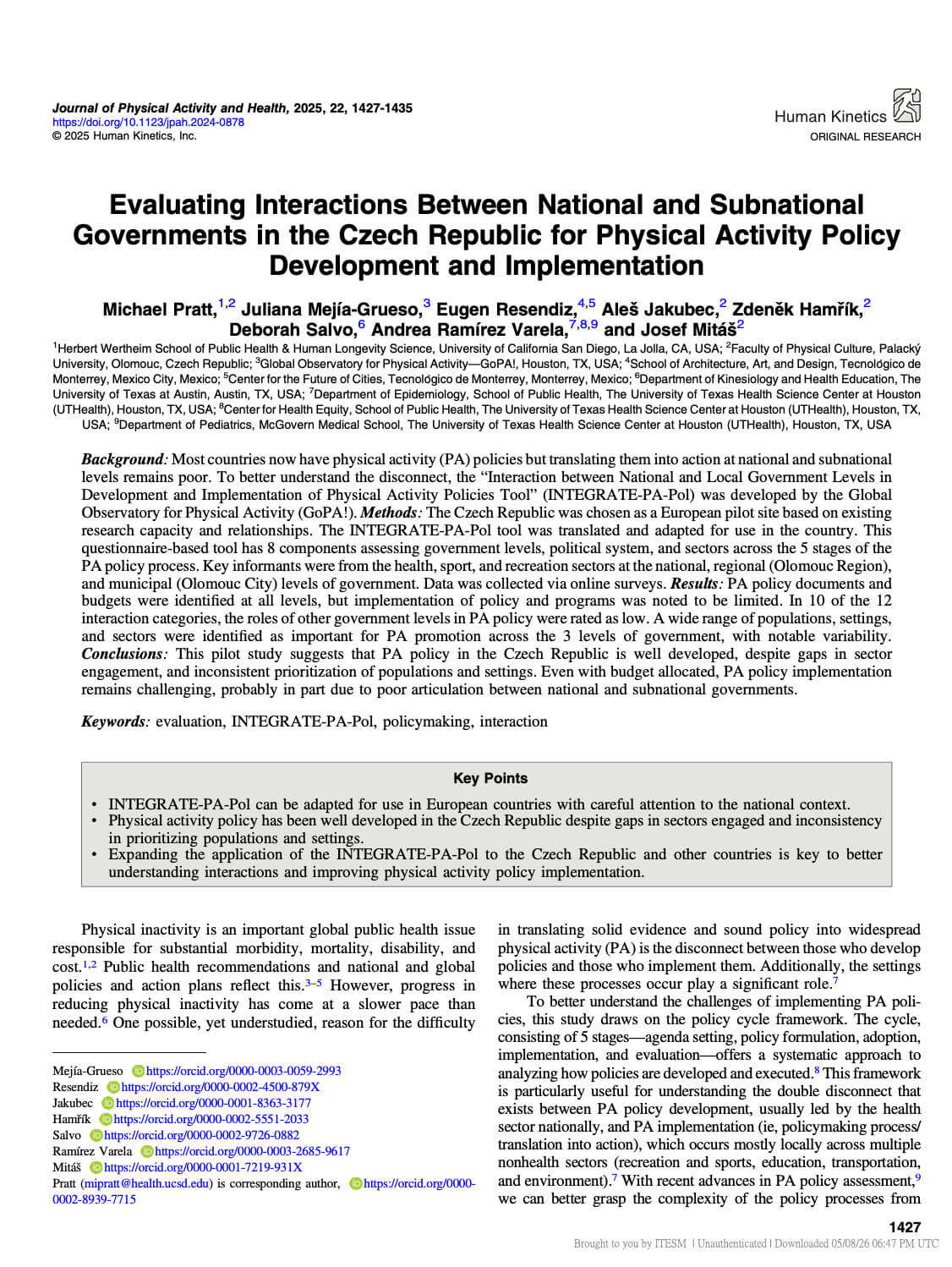 02. Evaluating Interactions Between National and Subnational Governments in the Czech Republic for Physical Activity Policy Deve